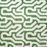 Detail of wallpaper in a playful meandering print in white on a green field.