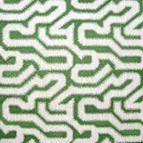 Detail of wallpaper in a playful meandering print in white on a green field.