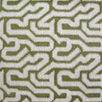 Detail of wallpaper in a playful meandering print in white on an olive field.