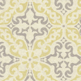 Detail of wallpaper in a damask print in light yellow and purple on a cream field.