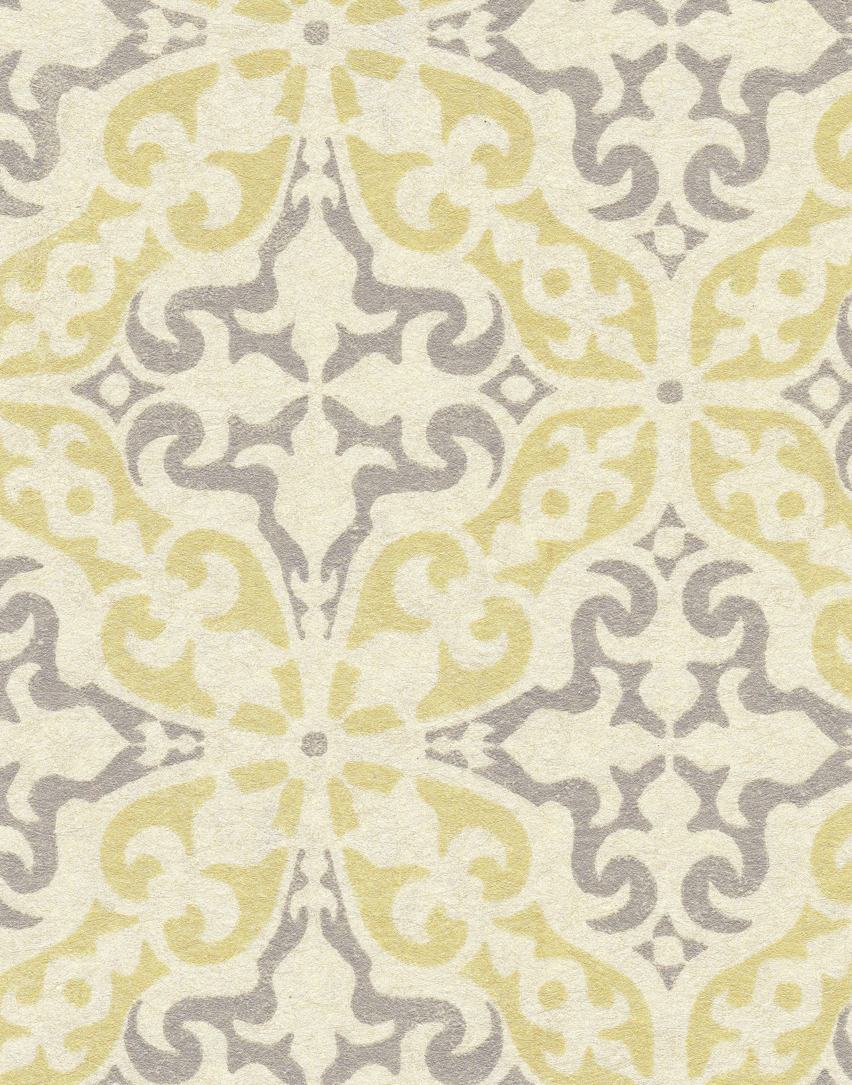 Detail of wallpaper in a damask print in light yellow and purple on a cream field.