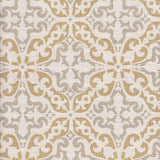 Detail of fabric in a damask print in gray and tan on a cream field.