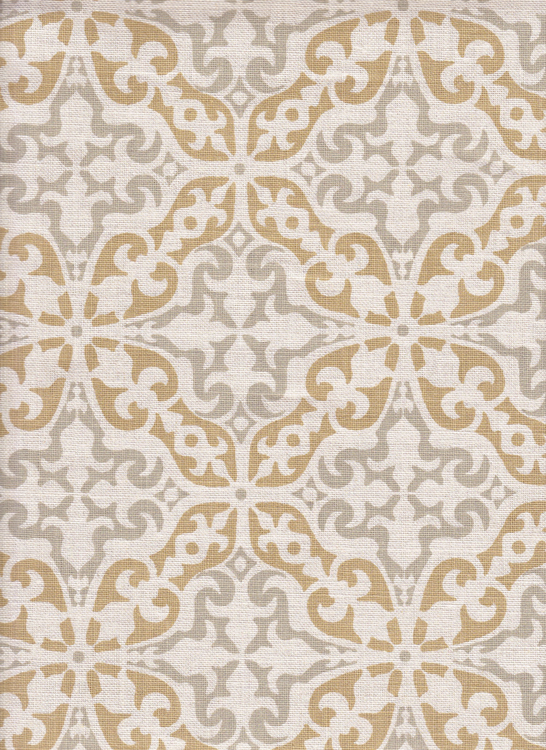 Detail of fabric in a damask print in gray and tan on a cream field.