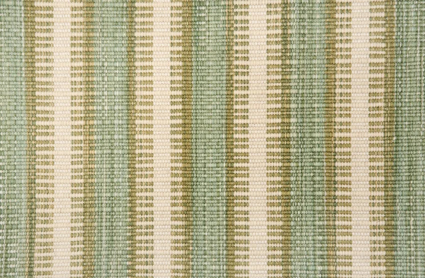 Broadloom carpet in a flatwoven stripe in green, turquoise and cream. 