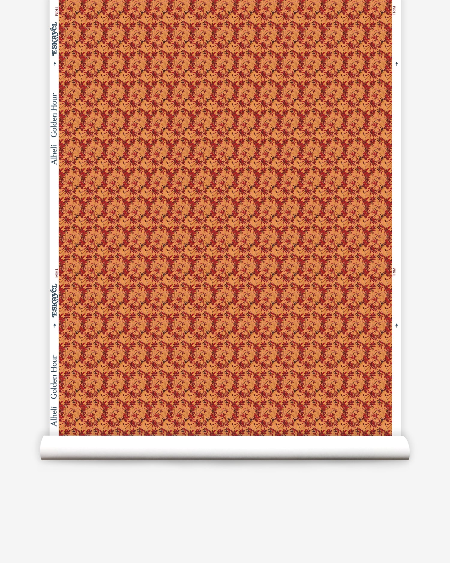 Wallpaper roll with small scale watercolor floral in red and orange.