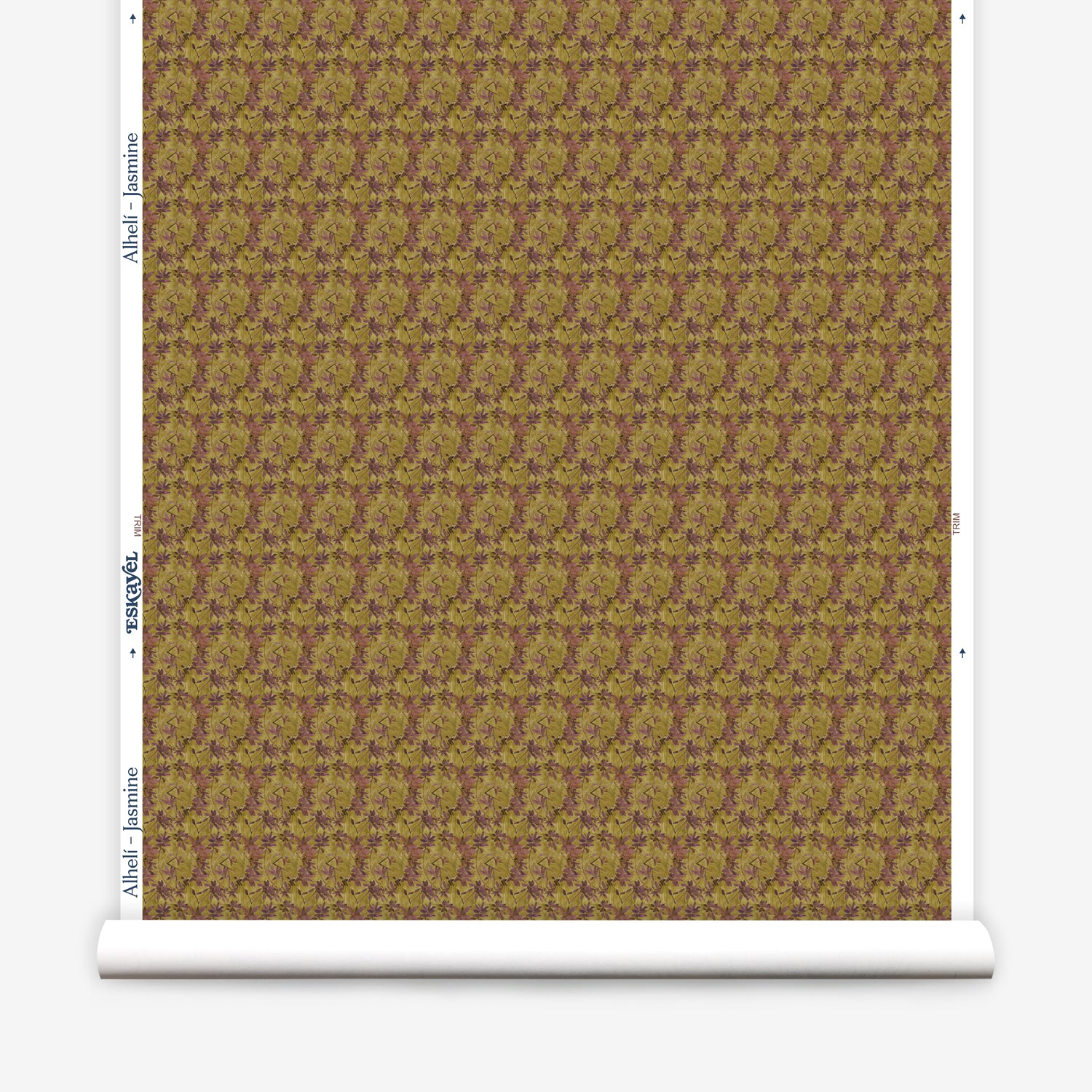 Wallpaper roll with small scale watercolor floral in purple and green.