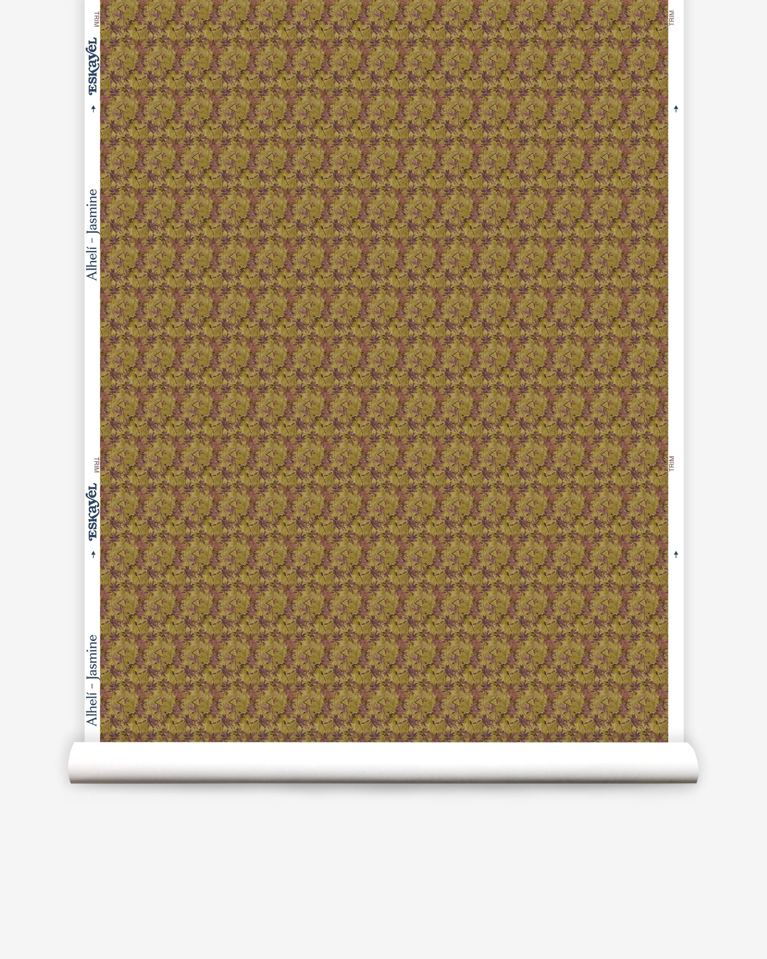 Wallpaper roll with small scale watercolor floral in purple and green.