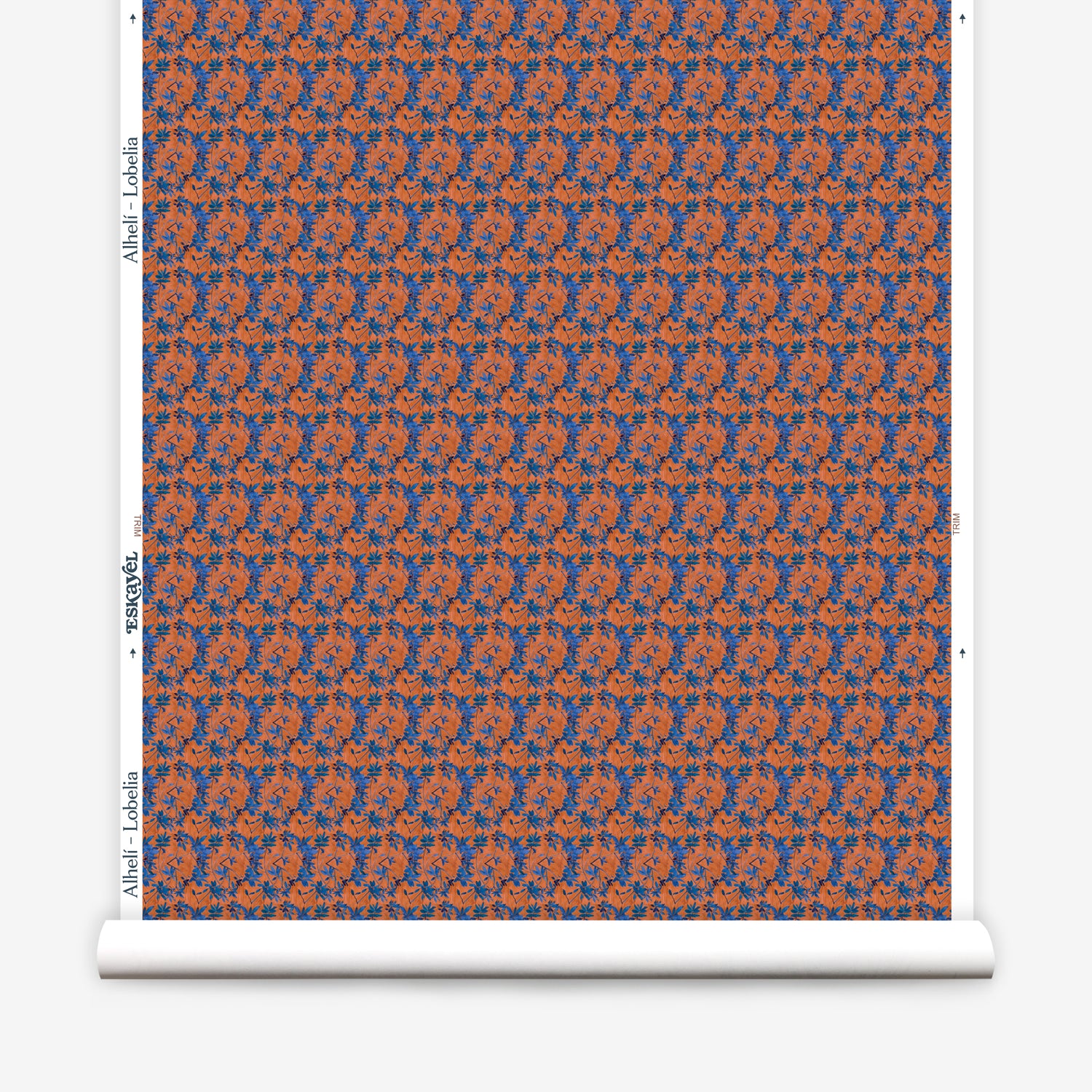 Wallpaper roll with small scale watercolor floral in blue and orange.