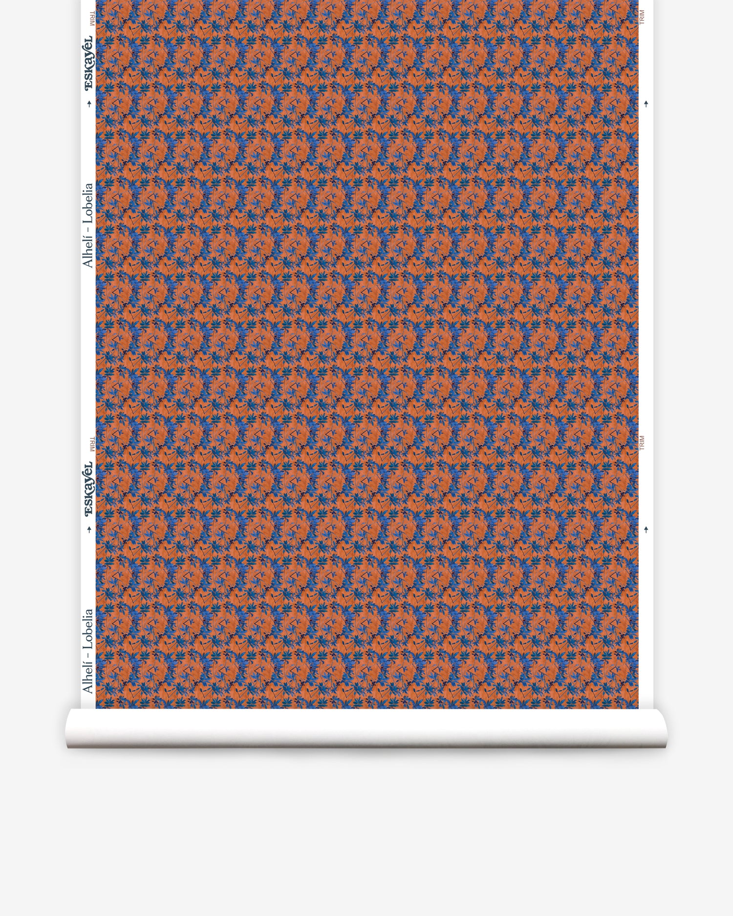 Wallpaper roll with small scale watercolor floral in blue and orange.