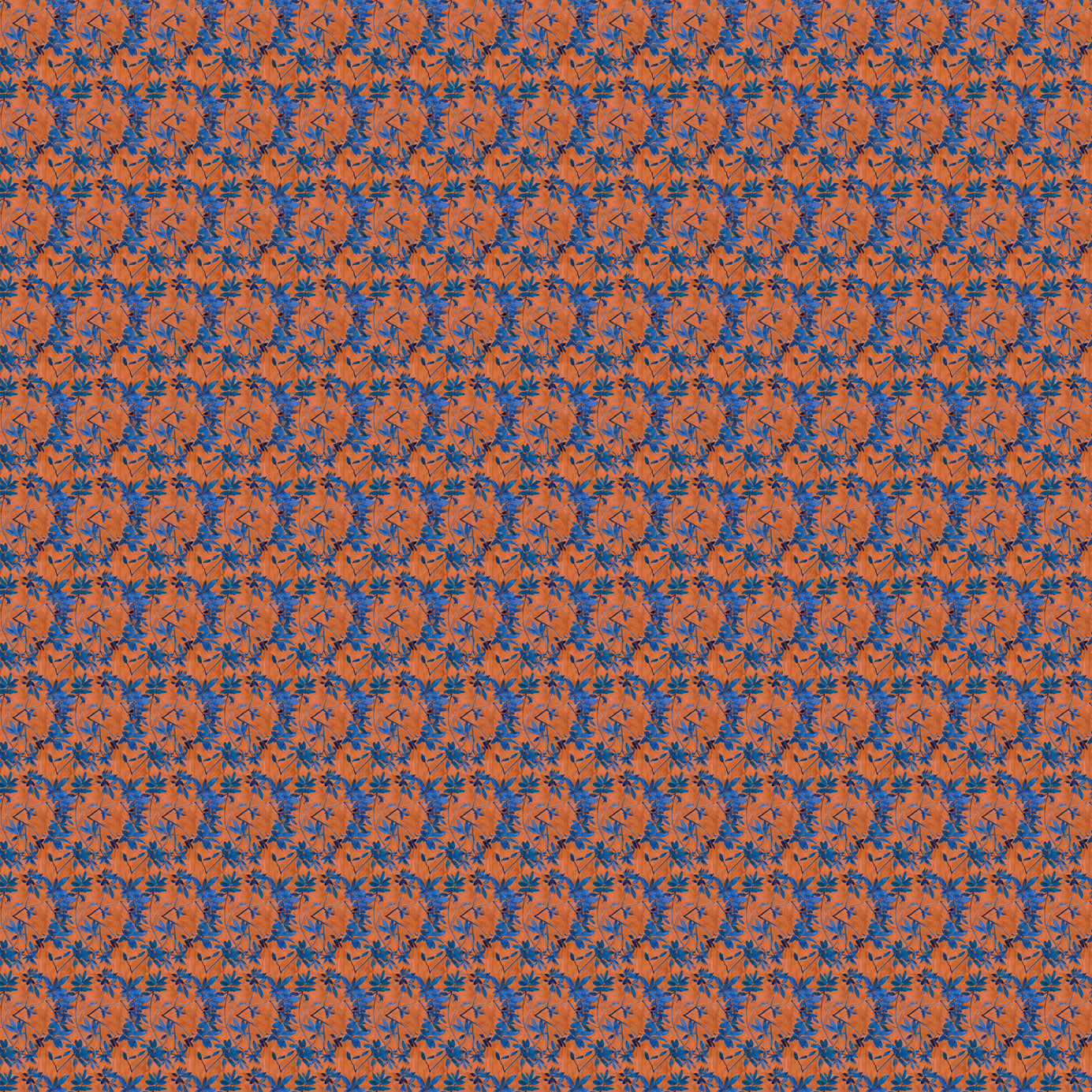 Small scale watercolor floral in blue and orange.