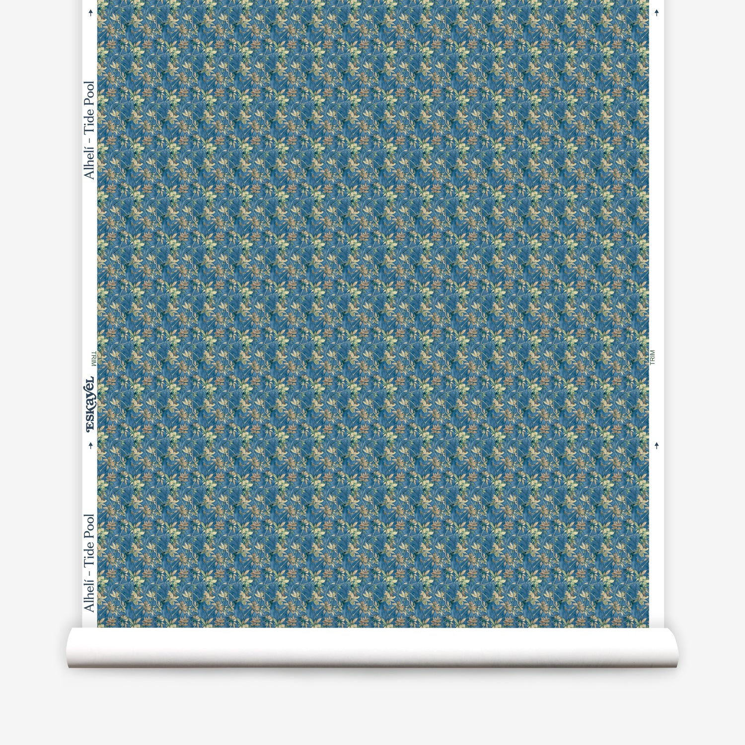 Wallpaper roll with small scale watercolor floral in green on a teal background. 