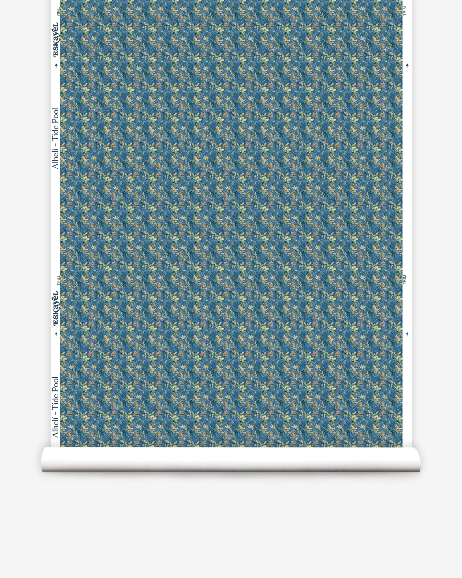 Wallpaper roll with small scale watercolor floral in green on a teal background. 