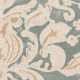 Detail of fabric in a floral damask print in cream and coral on a blue-gray field.