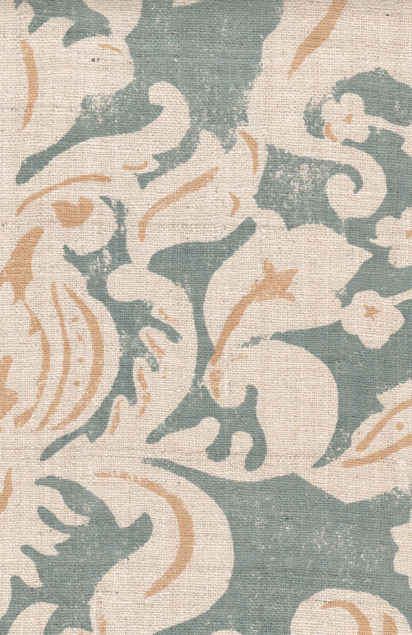 Detail of fabric in a floral damask print in cream and coral on a blue-gray field.