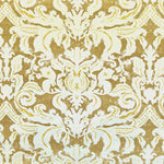 Detail of fabric in a floral damask print in white and yellow on a brown field.