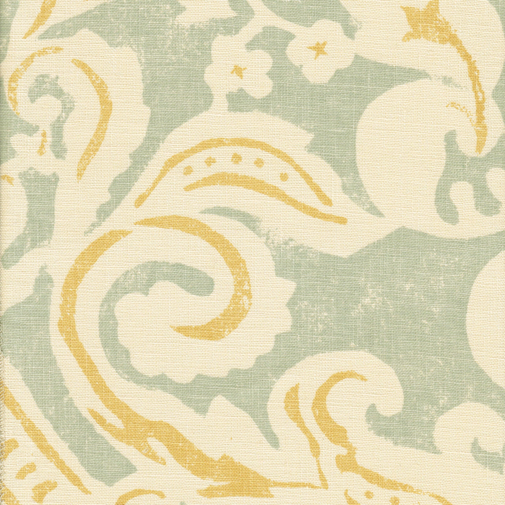 Detail of fabric in a floral damask print in white and yellow on a light blue field.