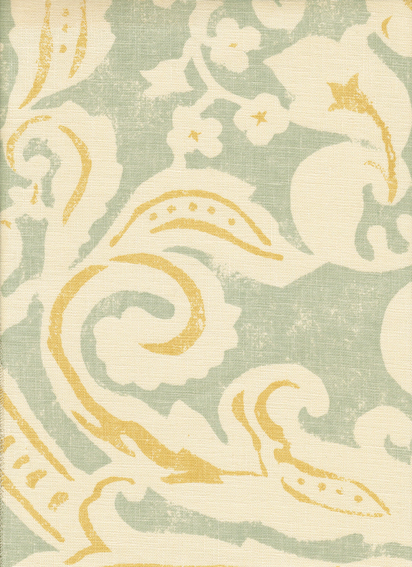 Detail of fabric in a floral damask print in white and yellow on a light blue field.