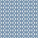Detail of wallpaper in an intricate lattice print in light blue on a white field.