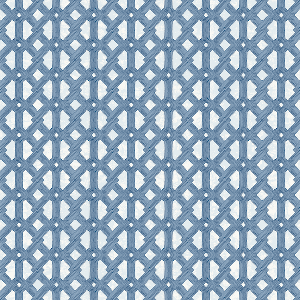 Detail of wallpaper in an intricate lattice print in light blue on a white field.