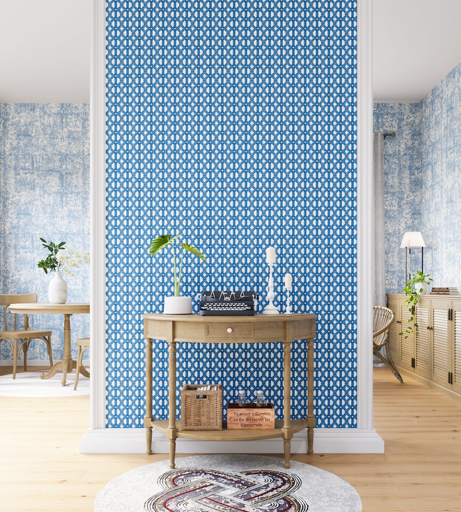 A maximalist living space with an accent wall papered in an intricate lattice print in light blue on a white field.