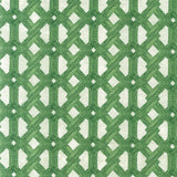 Detail of fabric in an intricate lattice print in green on a light green field.