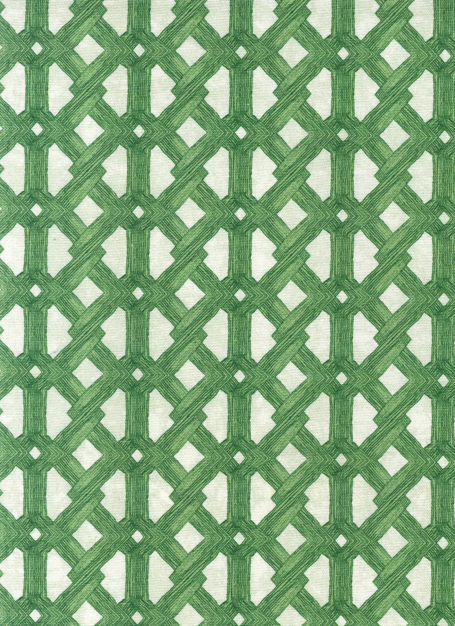 Detail of fabric in an intricate lattice print in green on a light green field.