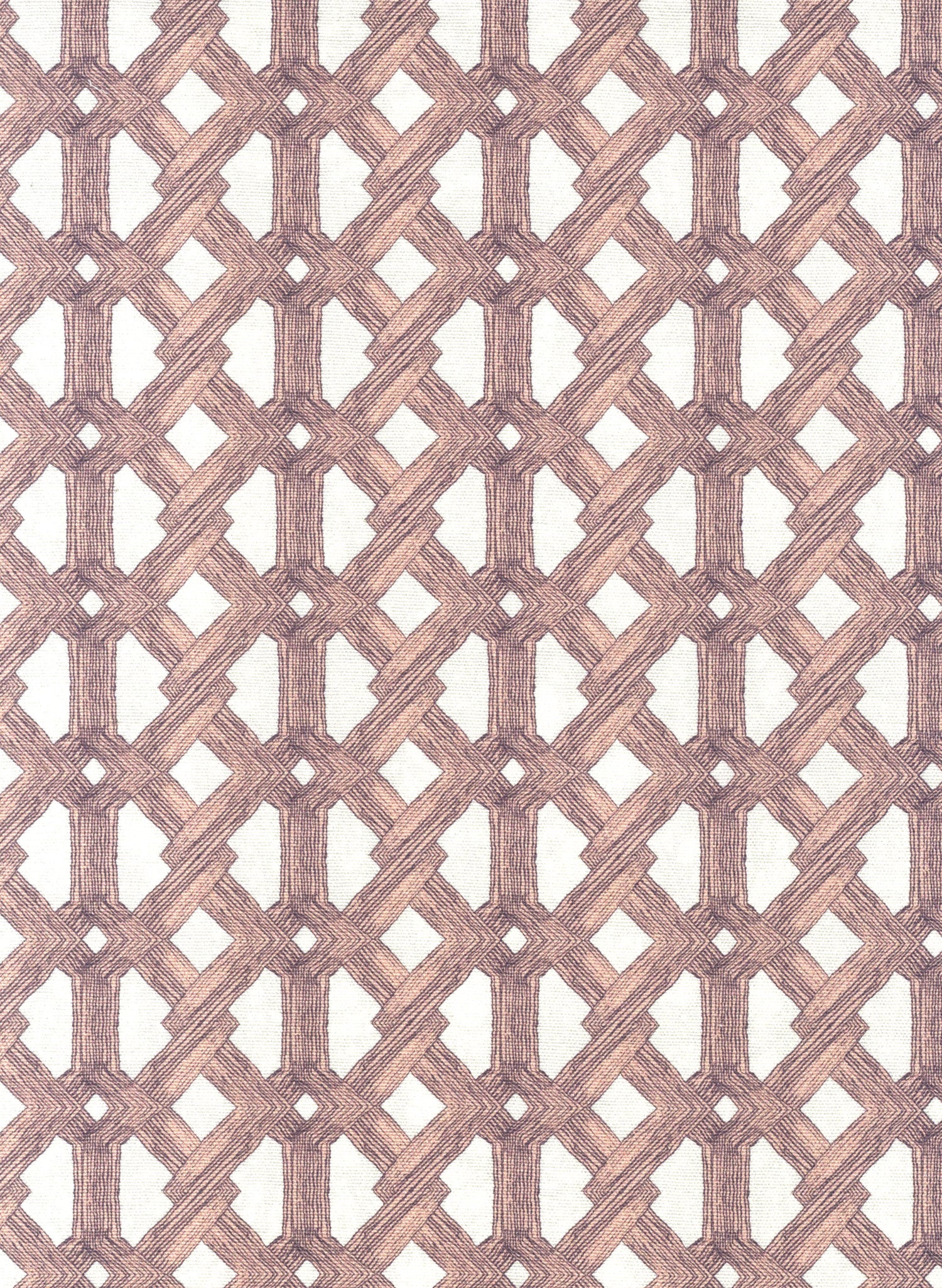 Detail of fabric in an intricate lattice print in light pink on a cream field.