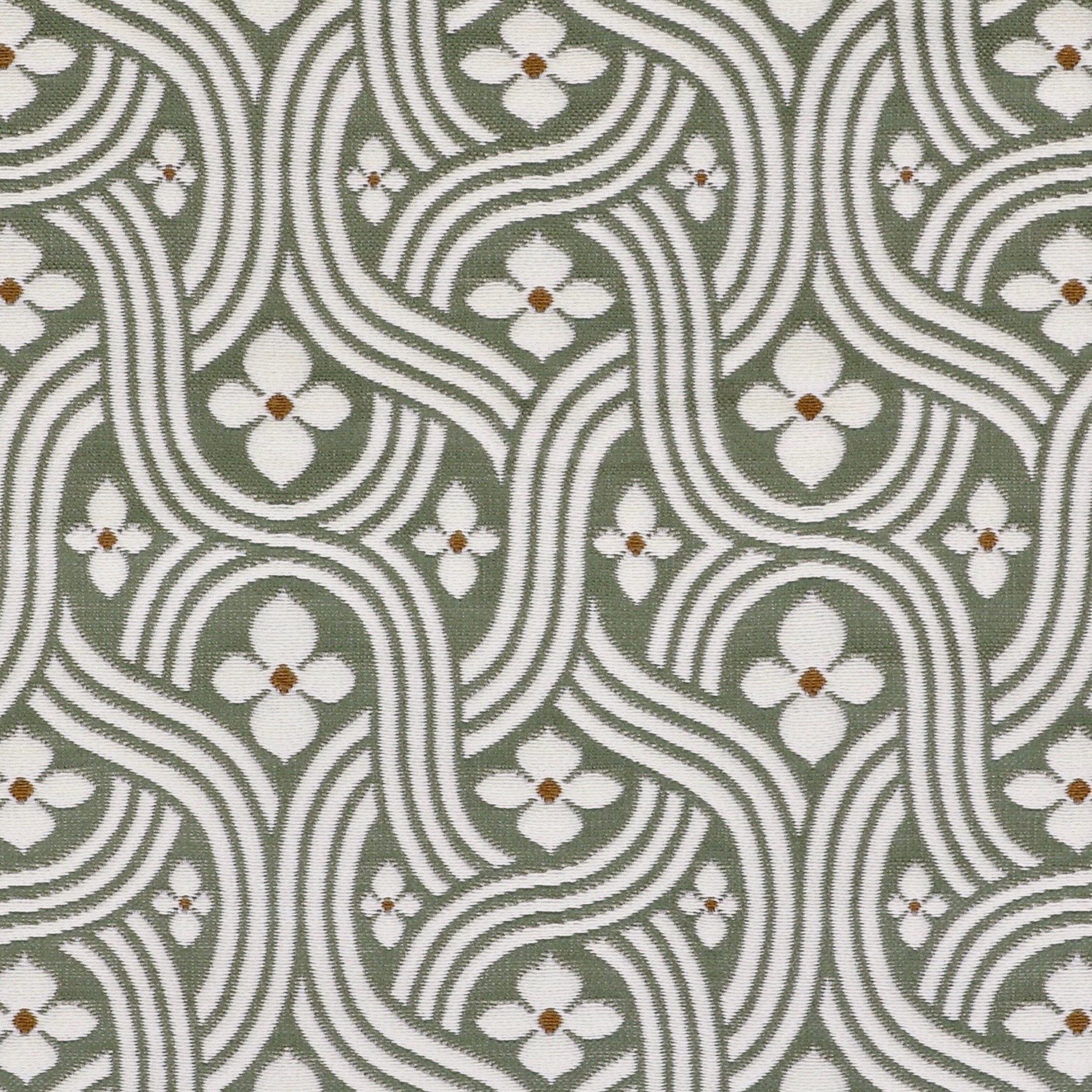 Detail of fabric in a floral damask print in white and rust on a sage field.