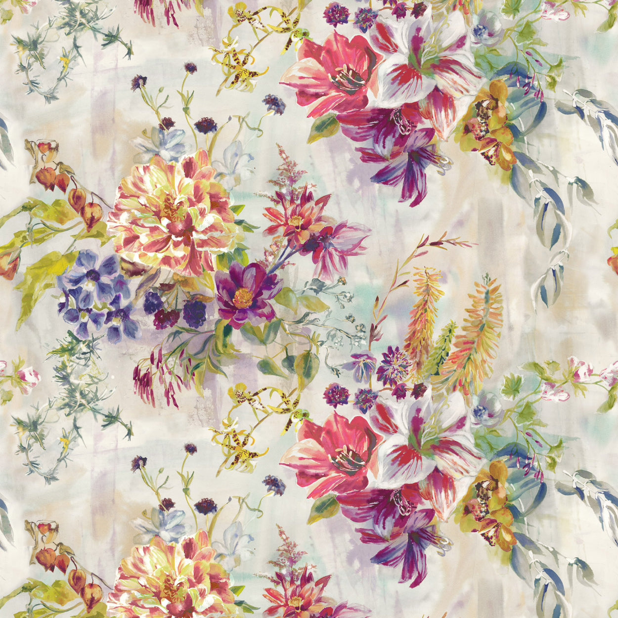 Detail of fabric in a painterly floral print in a variety of colors on a mottled cream field.