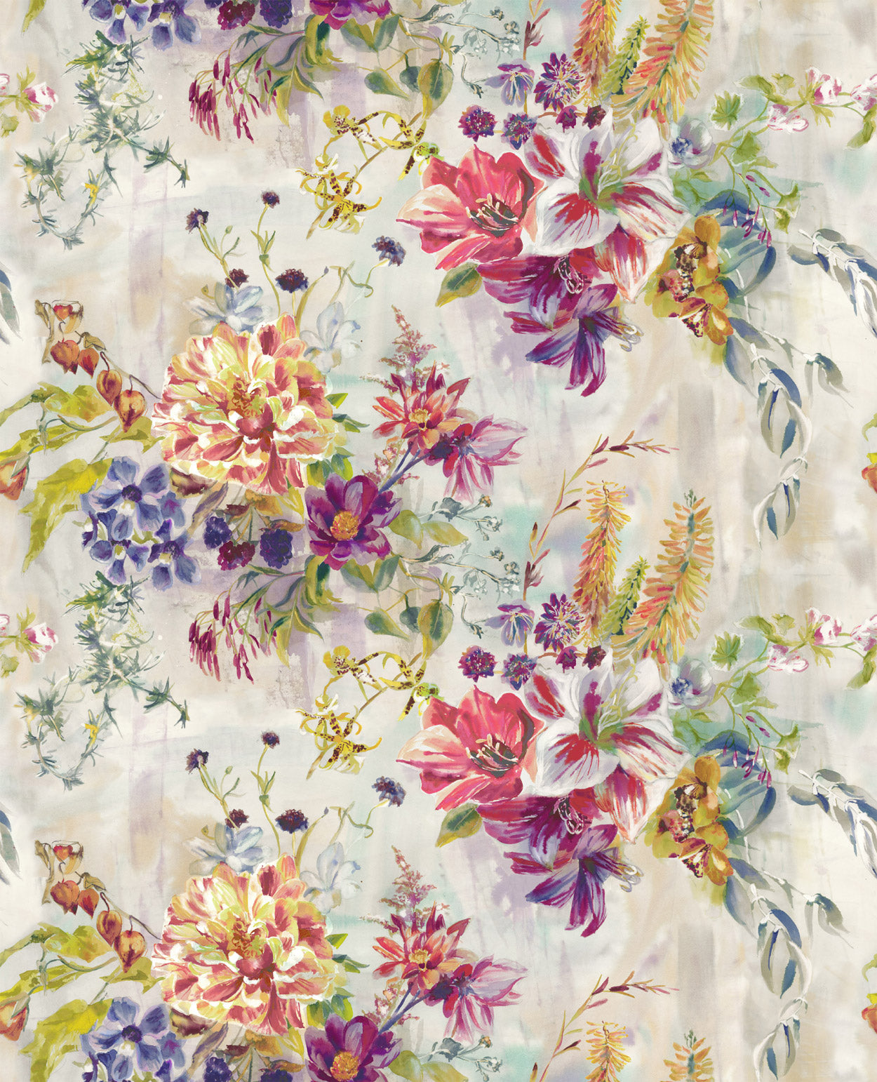 Detail of fabric in a painterly floral print in a variety of colors on a mottled cream field.