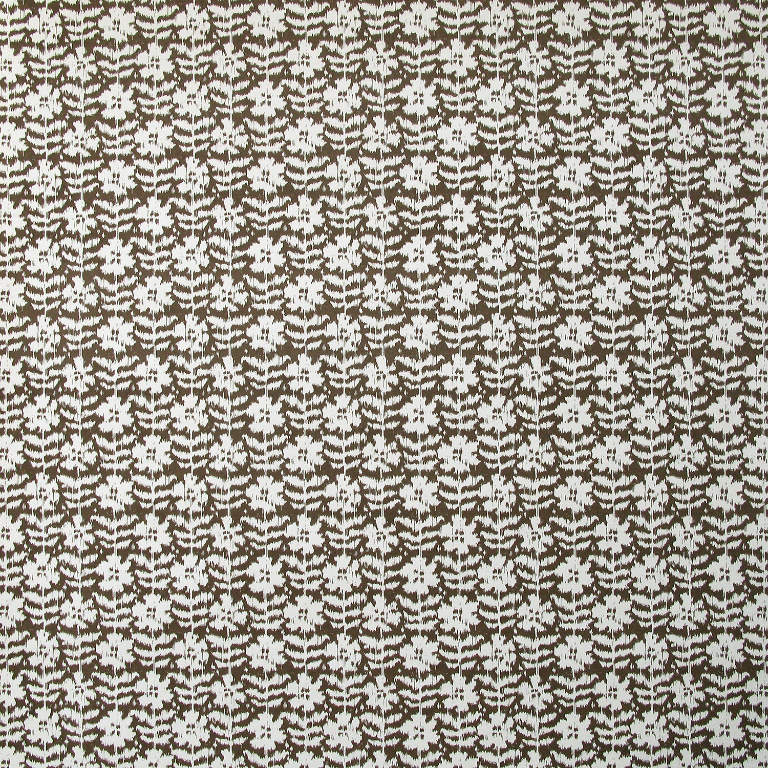Detail of wallpaper in a floral grid print in white on a dark brown field.