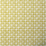 Detail of wallpaper in a floral grid print in white on a mustard field.