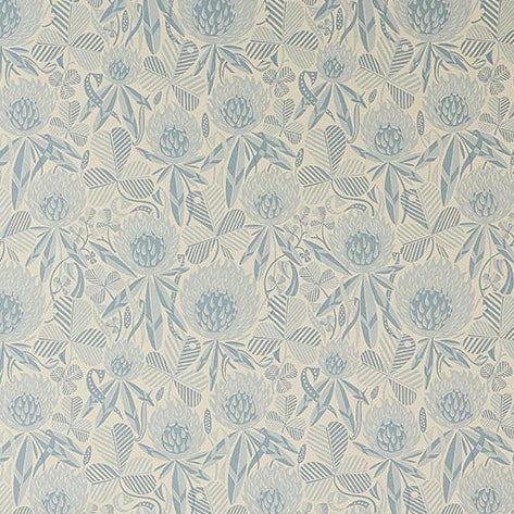 Detail of a blue tonal botanical design of clover flowers and leaves