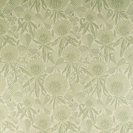 Detail of a sage green tonal botanical design of clover flowers and leaves