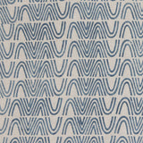 Detail of fabric in an abstract curvilinear stripe in blue on a tan field.