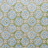 Detail of fabric in a floral lattice print in blue, green, brown and white.