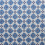 Detail of fabric in a floral lattice print in blue, navy and white.