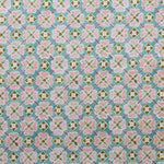 Detail of fabric in a floral lattice print in pink, teal, brown and white.