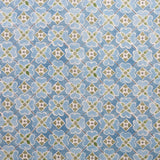 Detail of fabric in a floral lattice print in blue, green and white.