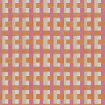 Detail of fabric in an interlocking checked pattern in shades of tan, pink and orange.