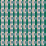 Detail of fabric in an interlocking checked pattern in shades of blue, green and pink.