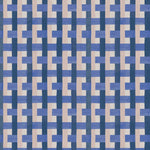 Detail of fabric in an interlocking checked pattern in shades of tan, blue and navy.