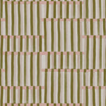 Detail of fabric in an interlocking striped pattern in shades of olive, pink and cream.