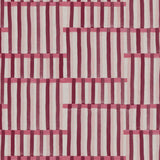 Detail of fabric in an interlocking striped pattern in shades of pink, maroon and cream.