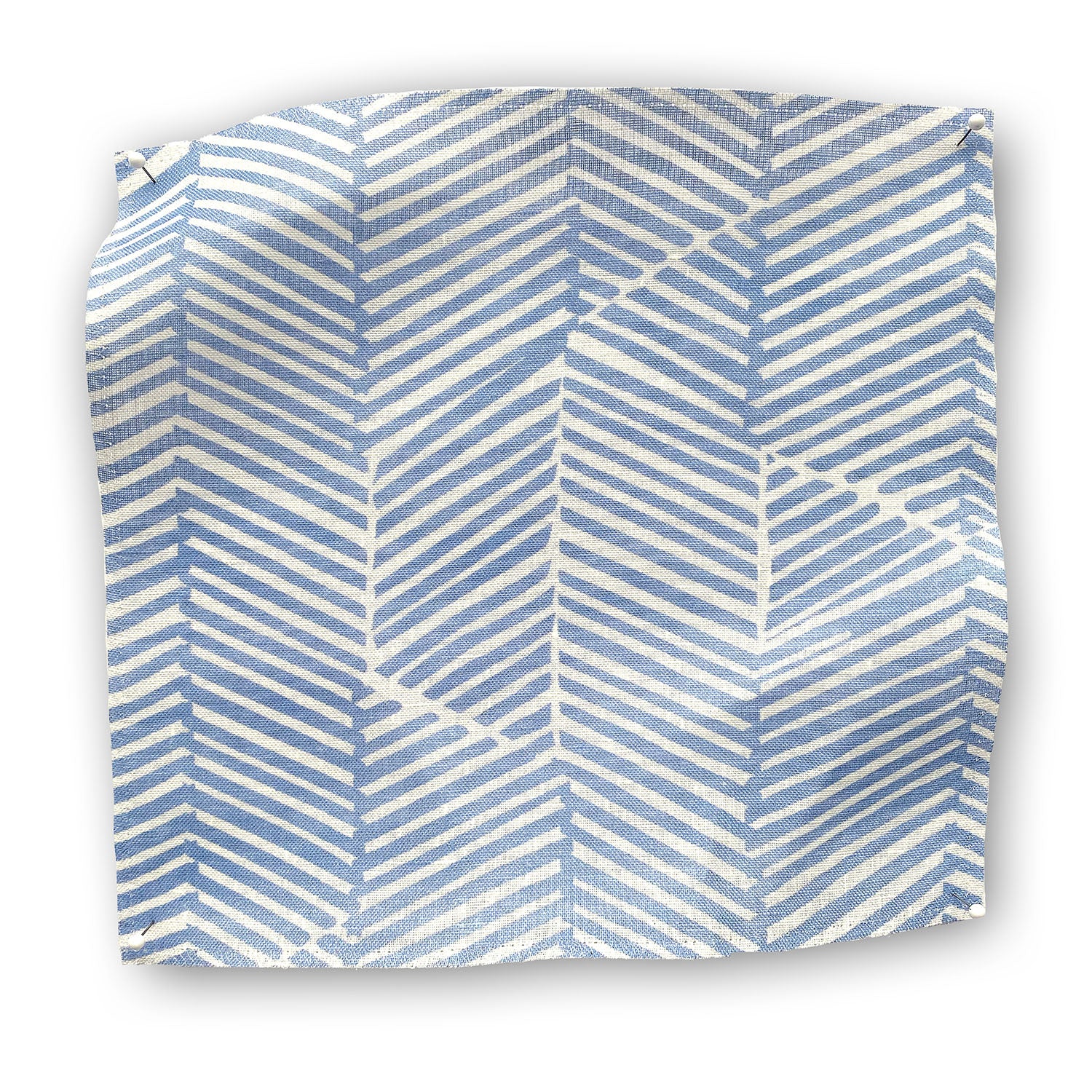 Square fabric swatch in a dense herringbone print in blue on a white field.