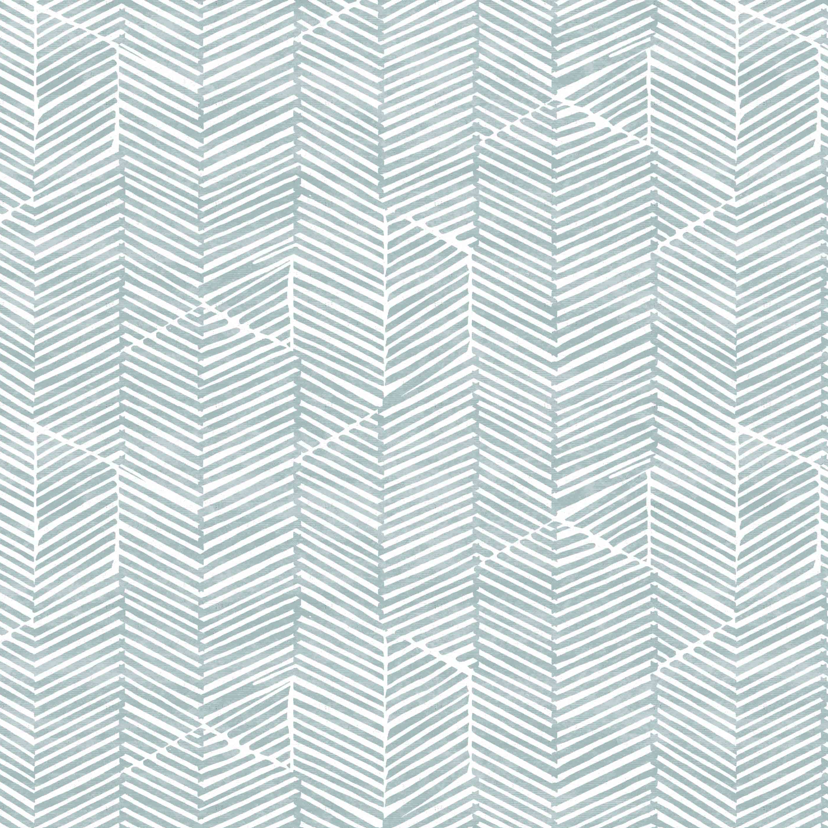Detail of fabric in a dense herringbone print in blue-gray on a white field.