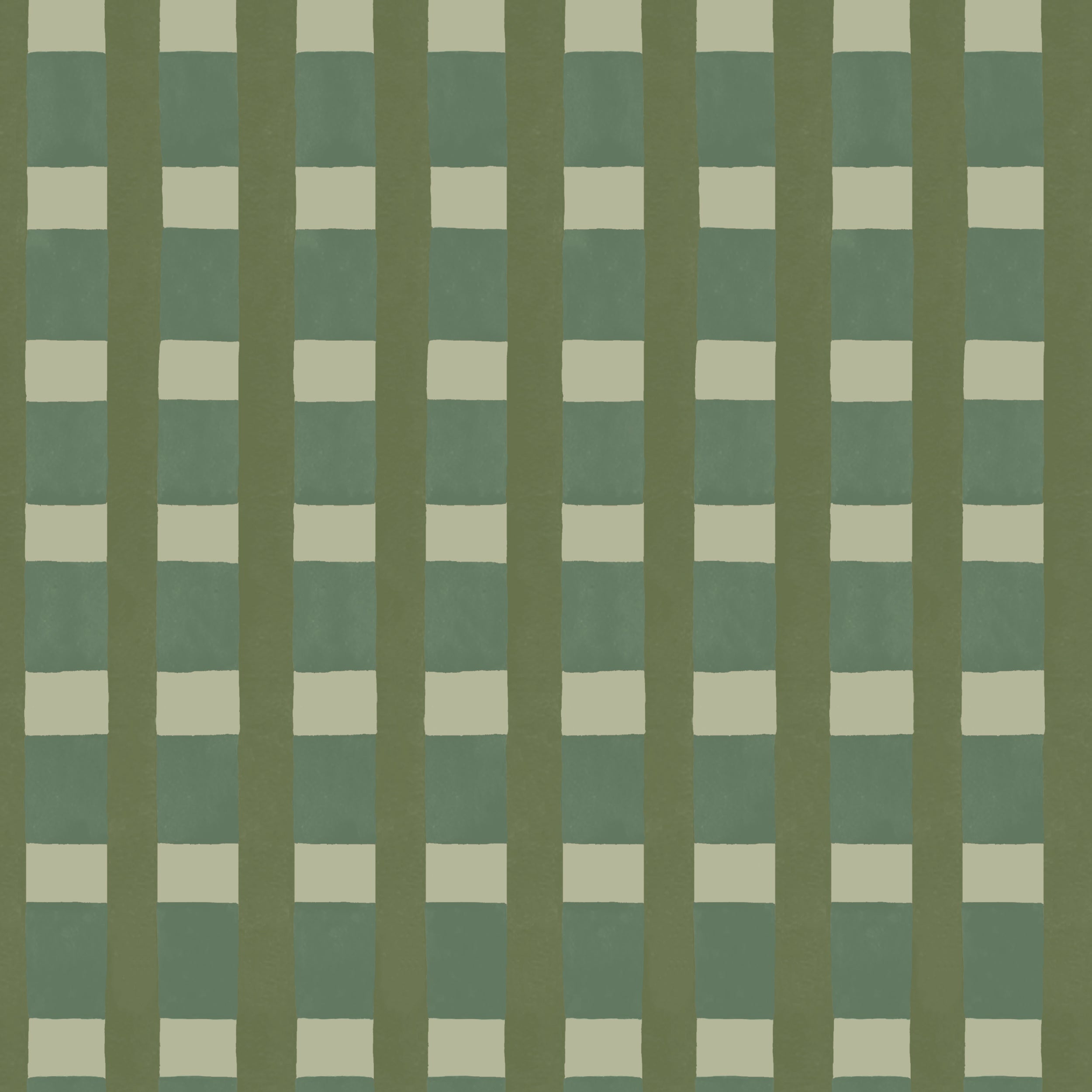 A wallpaper pattern detail in a gridded check pattern in green, sage and taupe.