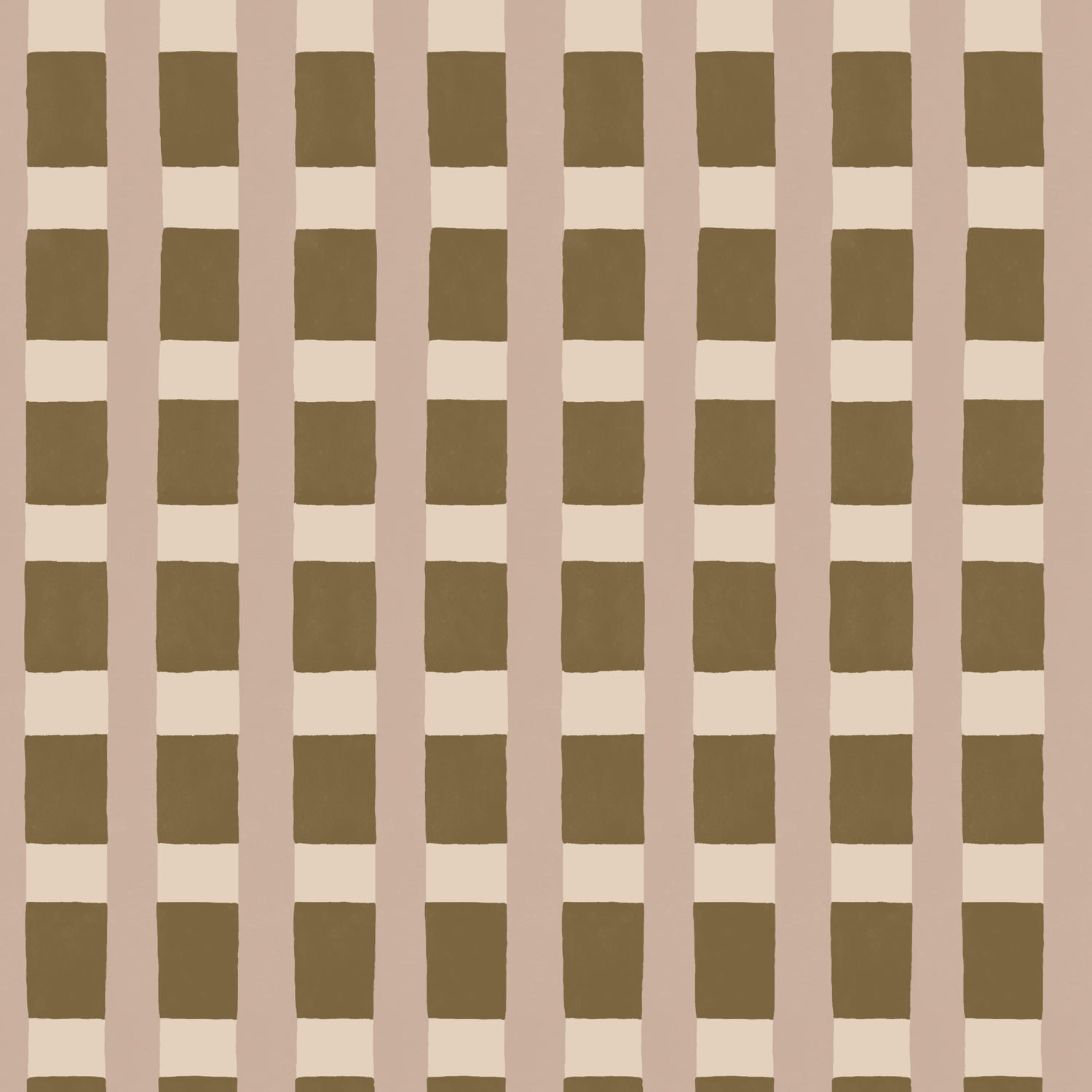 A wallpaper pattern detail in a gridded check pattern in brown, cream and mauve. 