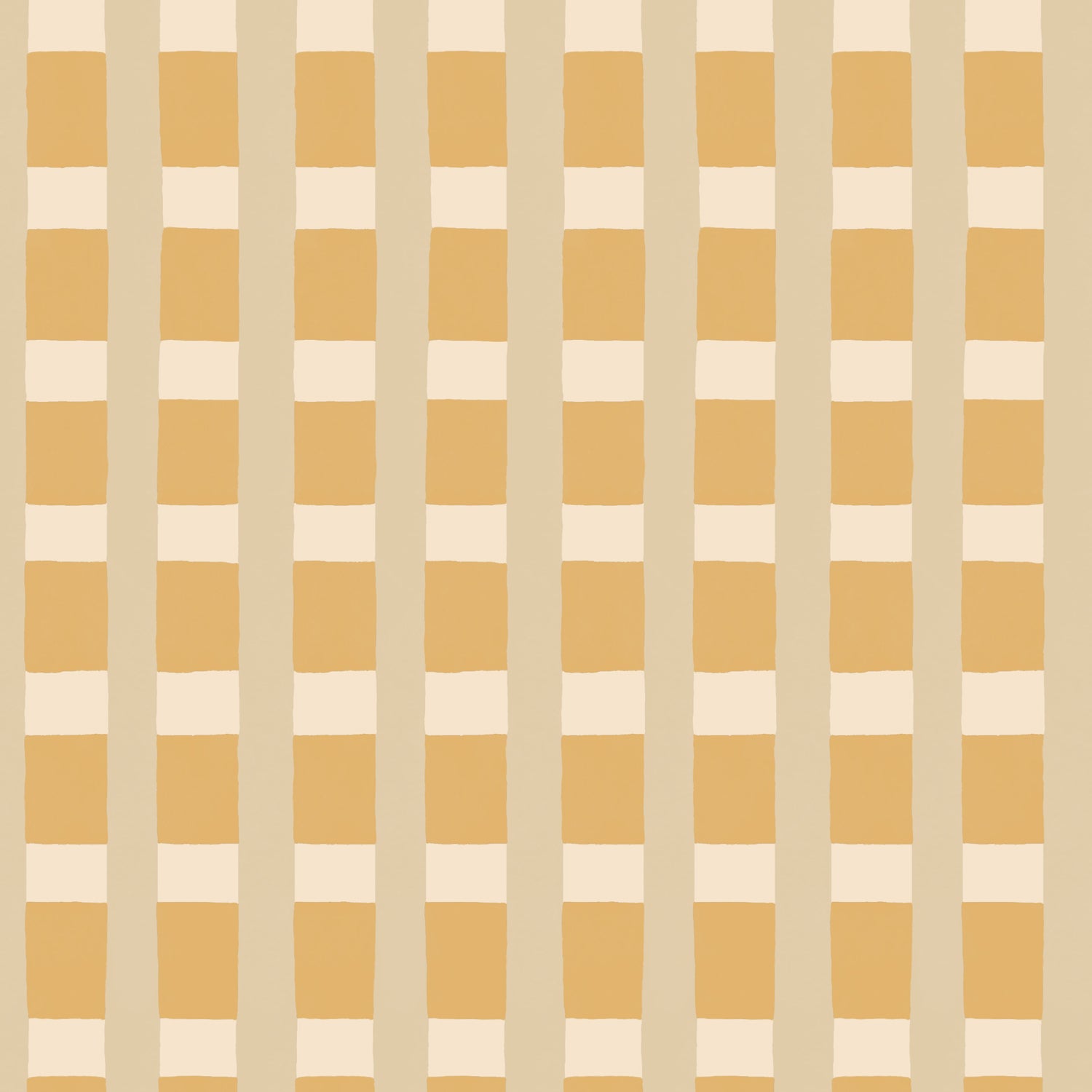 A wallpaper detail in a gridded check pattern in tan, cream ochre yellow. 