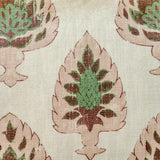 Detail of fabric in a botanical damask print in shades of pink, green and brown on a cream field.